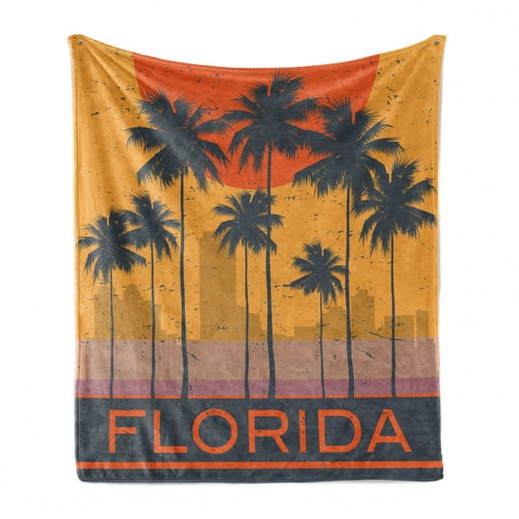 Beach Saying Soft Flannel Fleece Throw Blanket, Florida Coast with Grunge Effect Setting Sun Palm Trees, Cozy Plush for Indoor and Outdoor Use, 50" x 70", Orange Marigold, by Ambesonne