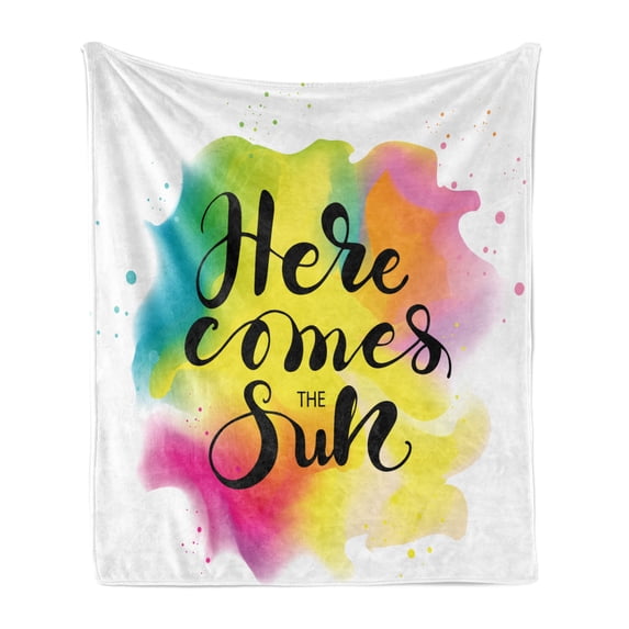 Beach Saying Soft Flannel Fleece Throw Blanket, Here Comes the Sun Lettering on Vivid Blended Color Ink Splatter Background, Cozy Plush for Indoor and Outdoor Use, 70" x 90", Multicolor, by Ambesonne