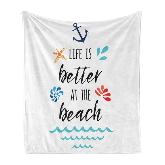 Beach Saying Soft Flannel Fleece Throw Blanket, Inspirational Vacation and Travel Words with Anchor Wave Seashell and Star, Cozy Plush for Indoor and Outdoor Use, 50" x 60", Multicolor, by Ambesonne