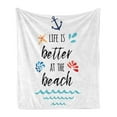 thumbnail image 1 of Beach Saying Soft Flannel Fleece Throw Blanket, Inspirational Vacation and Travel Words with Anchor Wave Seashell and Star, Cozy Plush for Indoor and Outdoor Use, 50" x 70", Multicolor, by Ambesonne, 1 of 6