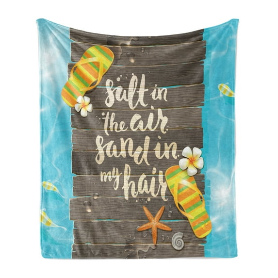 Beach Saying Soft Flannel Fleece Throw Blanket, Salt in the Air Sand in My Hair Letter Calligraphy Art with Flip Flops, Cozy Plush for Indoor and Outdoor Use, 50" x 60", Multicolor, by Ambesonne