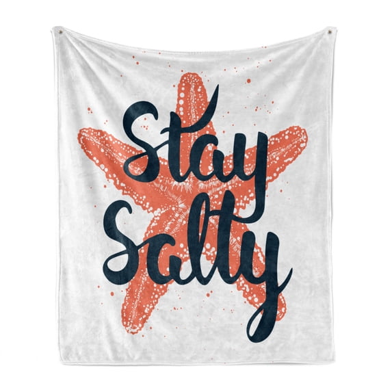 Beach Saying Soft Flannel Fleece Throw Blanket, Stay Salty Phrase with Engraved Sketch Artwork of the Starfish, Cozy Plush for Indoor and Outdoor Use, 50" x 60", Vermilion and Dark Blue, by Ambesonne
