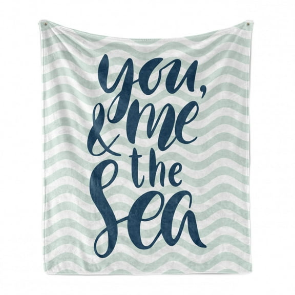 Beach Saying Soft Flannel Fleece Throw Blanket, You Me and the Sea Text on Wavy Background, Cozy Plush for Indoor and Outdoor Use, 50" x 70", Teal Dark Blue, by Ambesonne