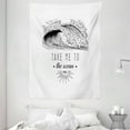 thumbnail image 1 of Beach Saying Tapestry, Take Me To the Ocean 1986 Lettering Minimalist Illustration of Surf Waves, Wall Hanging for Bedroom Living Room Dorm Decor, 60W X 80L Inches, Black and White, by Ambesonne, 1 of 2