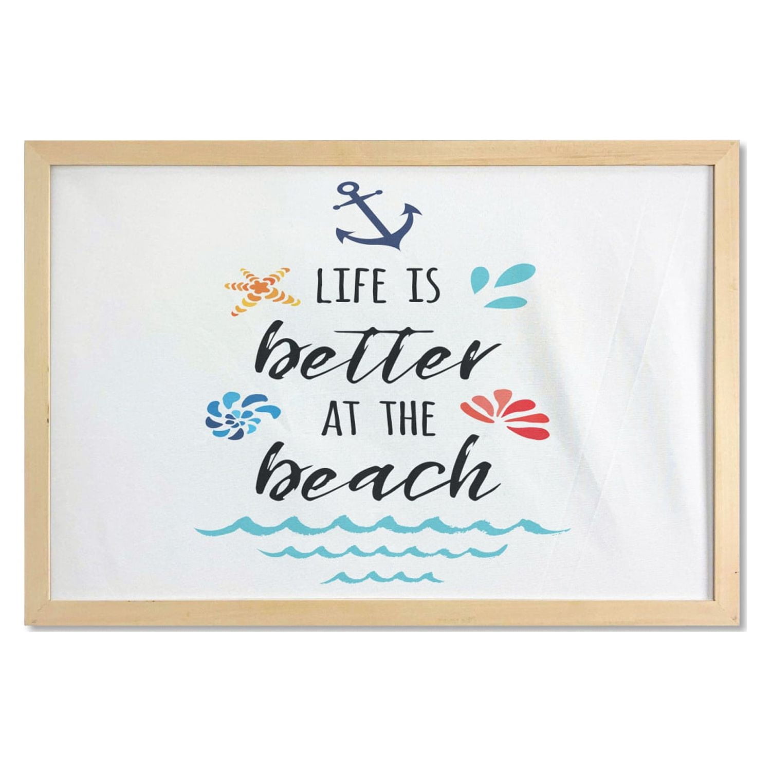 Beach Saying Wall Art with Frame, Inspirational Vacation and Travel Words with Anchor Wave