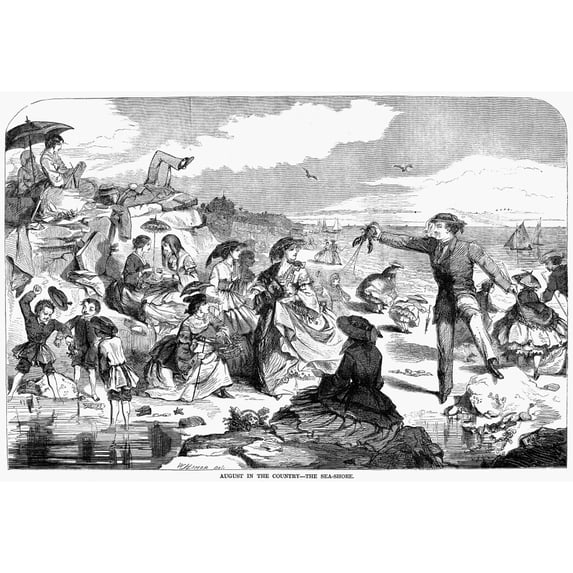 Beach Scene 1859. Nenjoying The Seashore In August. Wood Engraving American 1859. Poster Print by