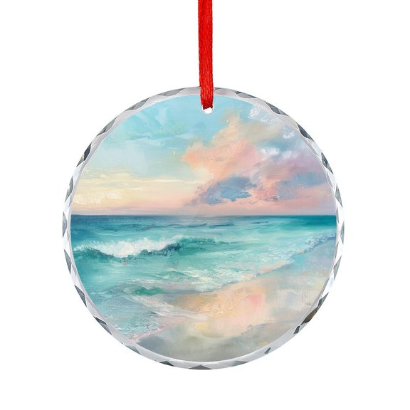 Beach Scene At Sunset Glass Ornament for Xmas Tree Sunset View at Calm White Sandy Beach Round Ornament