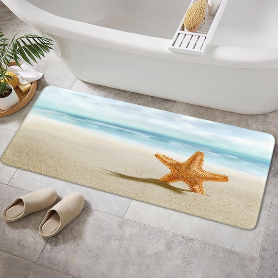 Beach Scene Bathroom Rugs, Ocean Beach Non-Slip Bath Rugs Seaside 70X70 Inch Costal Scenery Landscape Nautical Sea Scenic Sand Blue Sky Summer Bathroom Rug Mat 17X48inch, Absorbent Bath Rugs