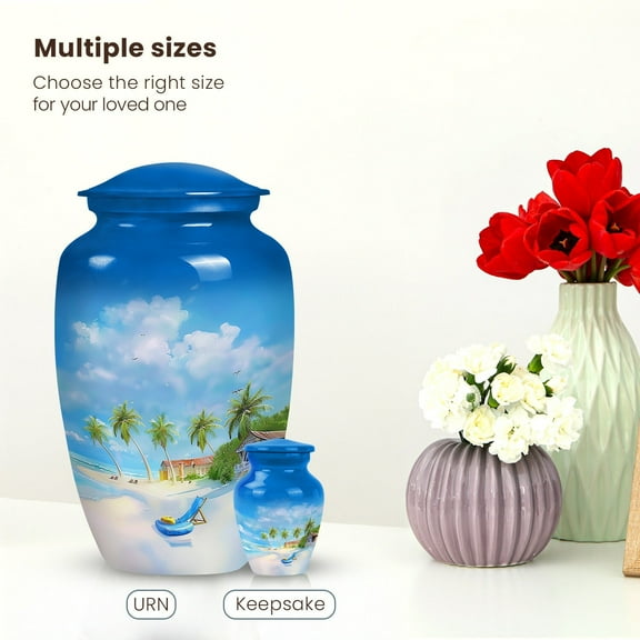 Beach Scene Burial Urn for Human Ashes - Tranquil Ocean Design with Palm Trees, Mini keepsake & Large, for 1-200 lb Adult Male and Women