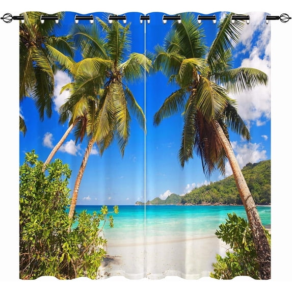 Beach Scene Curtains W52 x L84 Inch Grommet Tropical Coastal Hawaiian Palm Trees Summer Ocean Pattern Waterproof Fabric Window Drapes for Bedroom Living Room Outdoor Pergola Gazebo 2 Panels