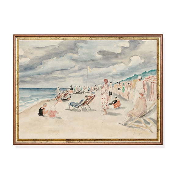 Beach Scene Impressionist Coastal Seaside Crowd Light Neutral Coastal Seascape Wall Art Decor Unframed Paper Print