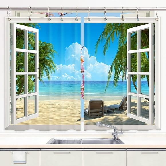 YUNRUN Tropical Beach Ocean Palm Tree Grommet Kitchen Curtain Panel Pairs, 42 x 45 in (2 Panels)