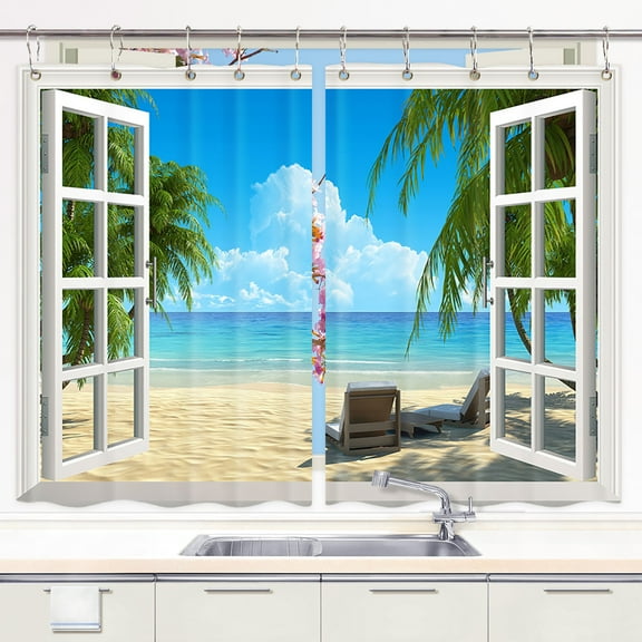 Beach Scene Kitchen Curtains, Tropical Beach Kitchen Curtains Summer Seaside Scene Ocean Palm Tree Kitchen Curtains for Living Room Bedroom Window Drape Treatment Fabric 2 Panels 27.5 x 39 Inch