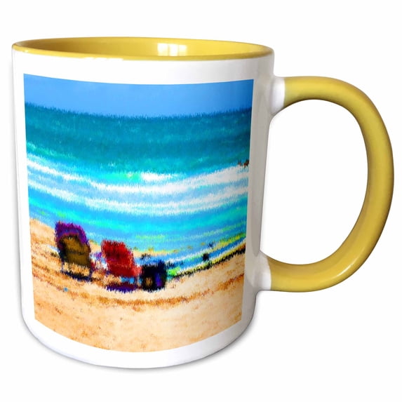 3drose, Beach Scene Painterly Chairs Surfboards Umbrellas Sand Ocean Sm, 15oz Two-tone Yellow Mug