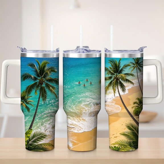 Beach Scene Palm Tree Stainless Steel Tumbler, 40oz