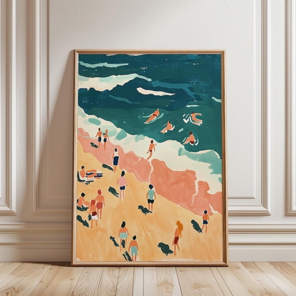 Beach Scene People Swimming Abstract Summer Coastal Art Sea Wall Decor, Unframed Paper Poster 8x10in