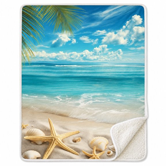 Beach Scene Sherpa Fleece Blanket, Ocean Seashell Throw, Multicolor