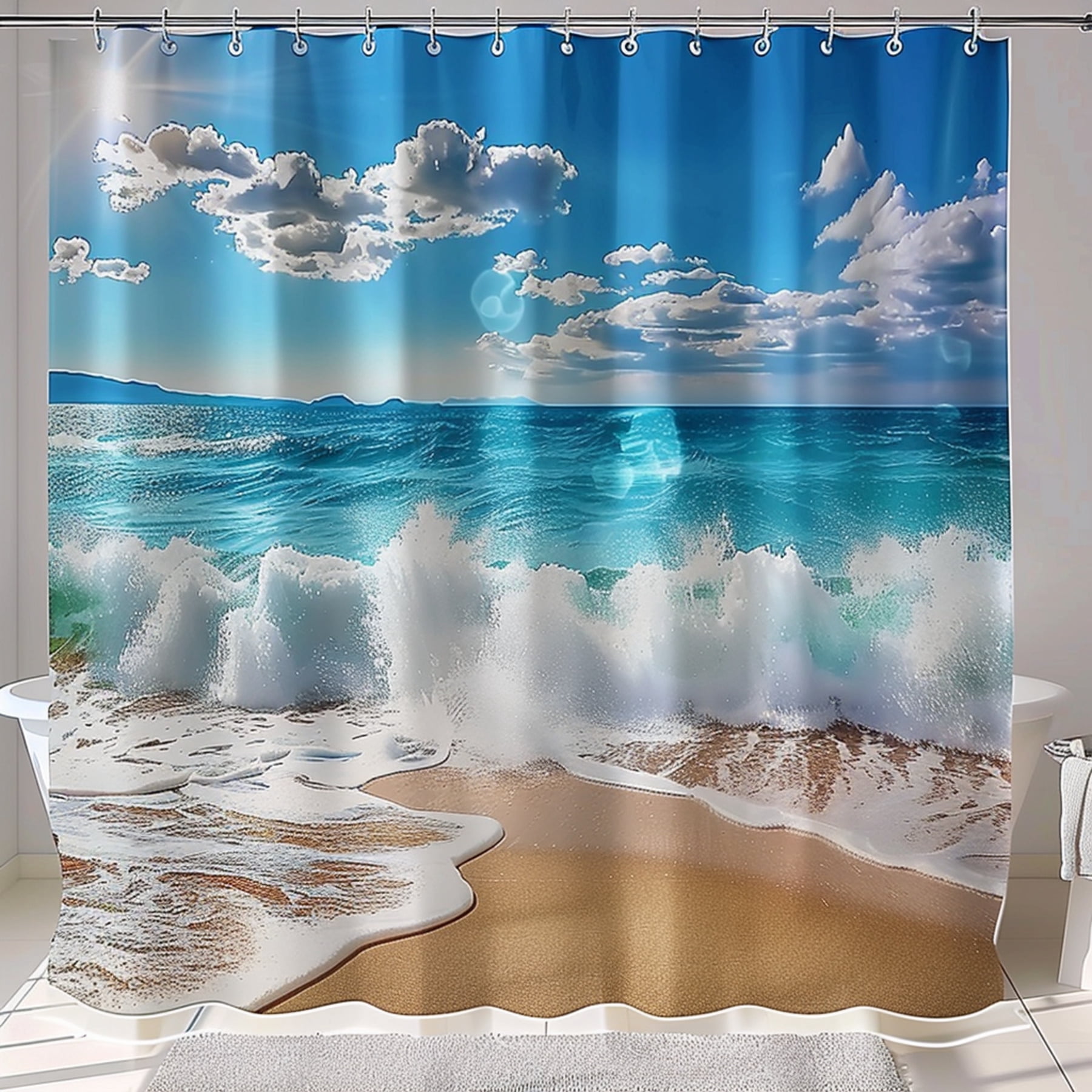 Beach Scene Shower Curtain Blue Sky Waves White Clouds Realistic