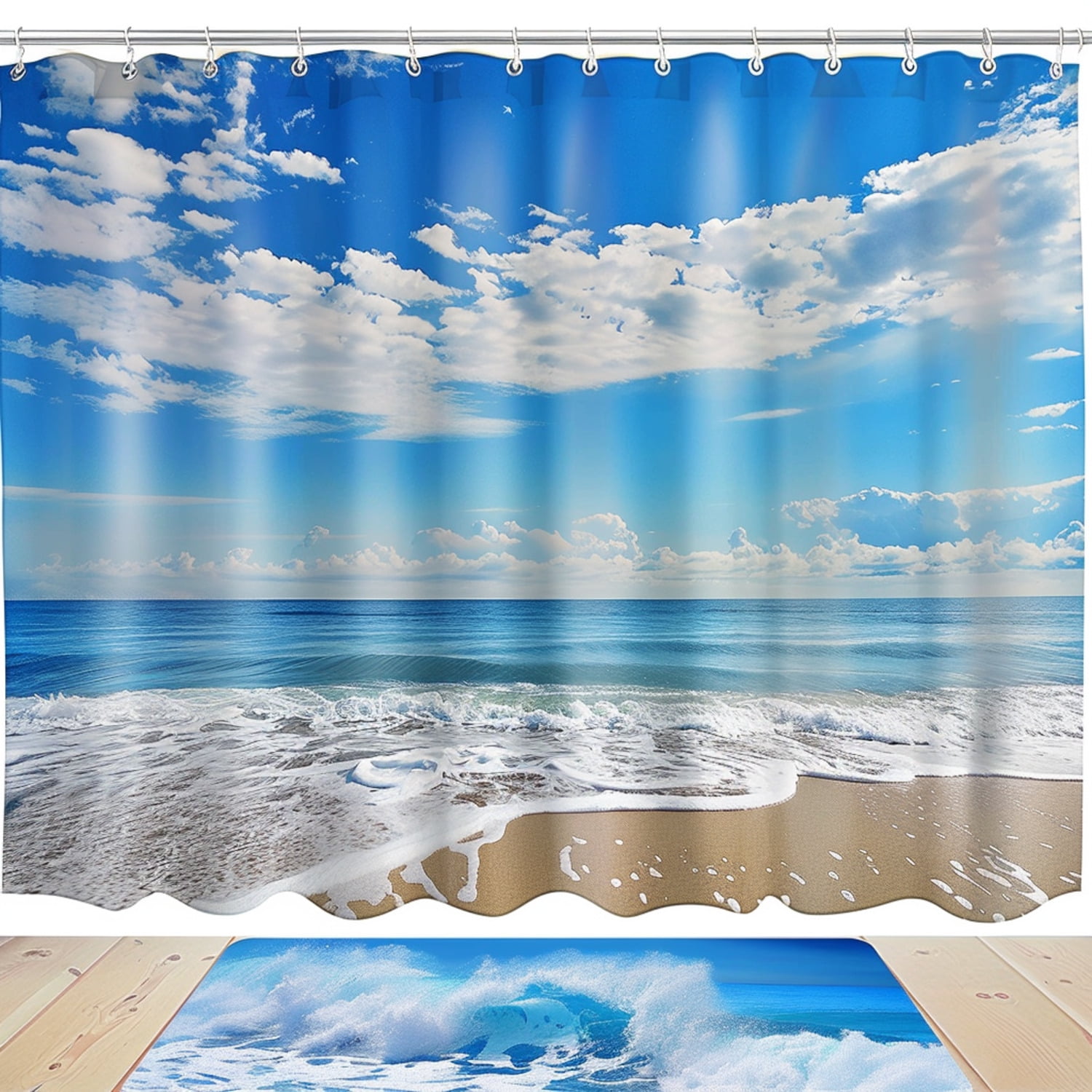 Beach Scene Shower Curtain Set Blue Ocean Waves White Clouds Sand Ultra