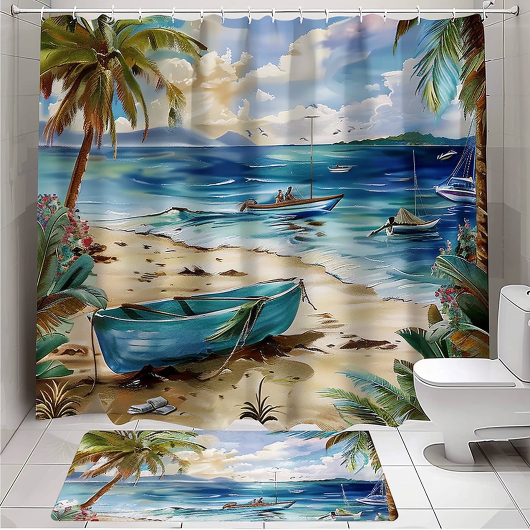 Beach Scene Shower Curtain Set with Palm Trees and Blue Boat Island