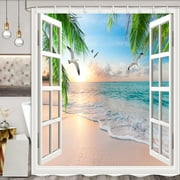 Beach Scene Shower Curtain, Tropical Beach Shower Curtain Set Fabric Summer Seaside Scene Ocean Island Palm Tree Curtains, Wooden Windows Cloth Bathroom Restroom Decor Accessories, (72X72in)