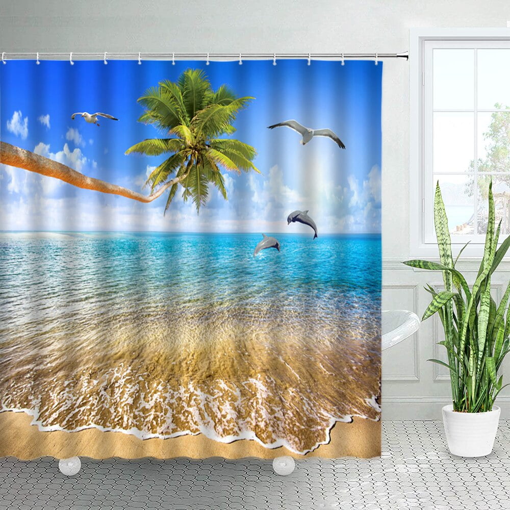 Beach Scene Shower Curtains Tropical Ocean View Palm Trees Hawaii ...