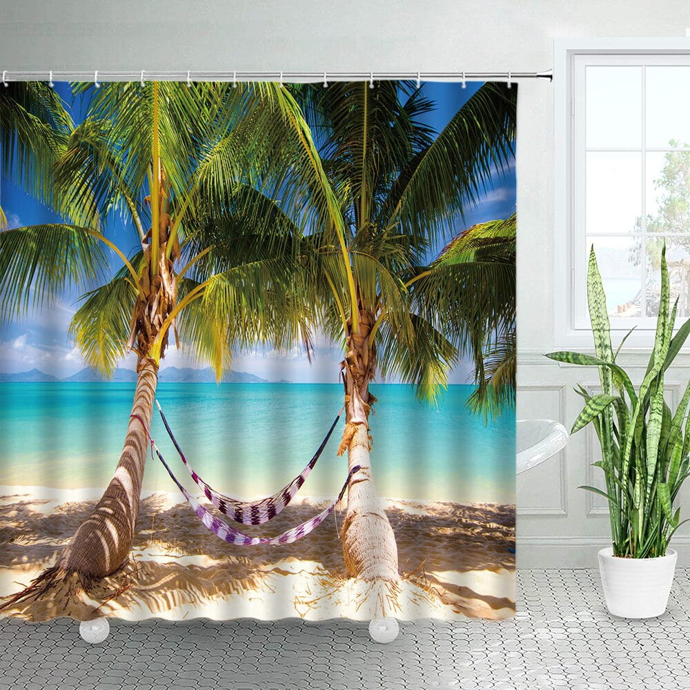 Beach Scene Shower Curtains Tropical Ocean View Palm Trees Hawaii