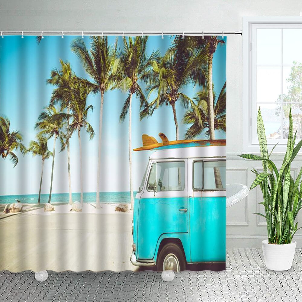 Beach Scene Shower Curtains Tropical Ocean View Palm Trees Hawaii
