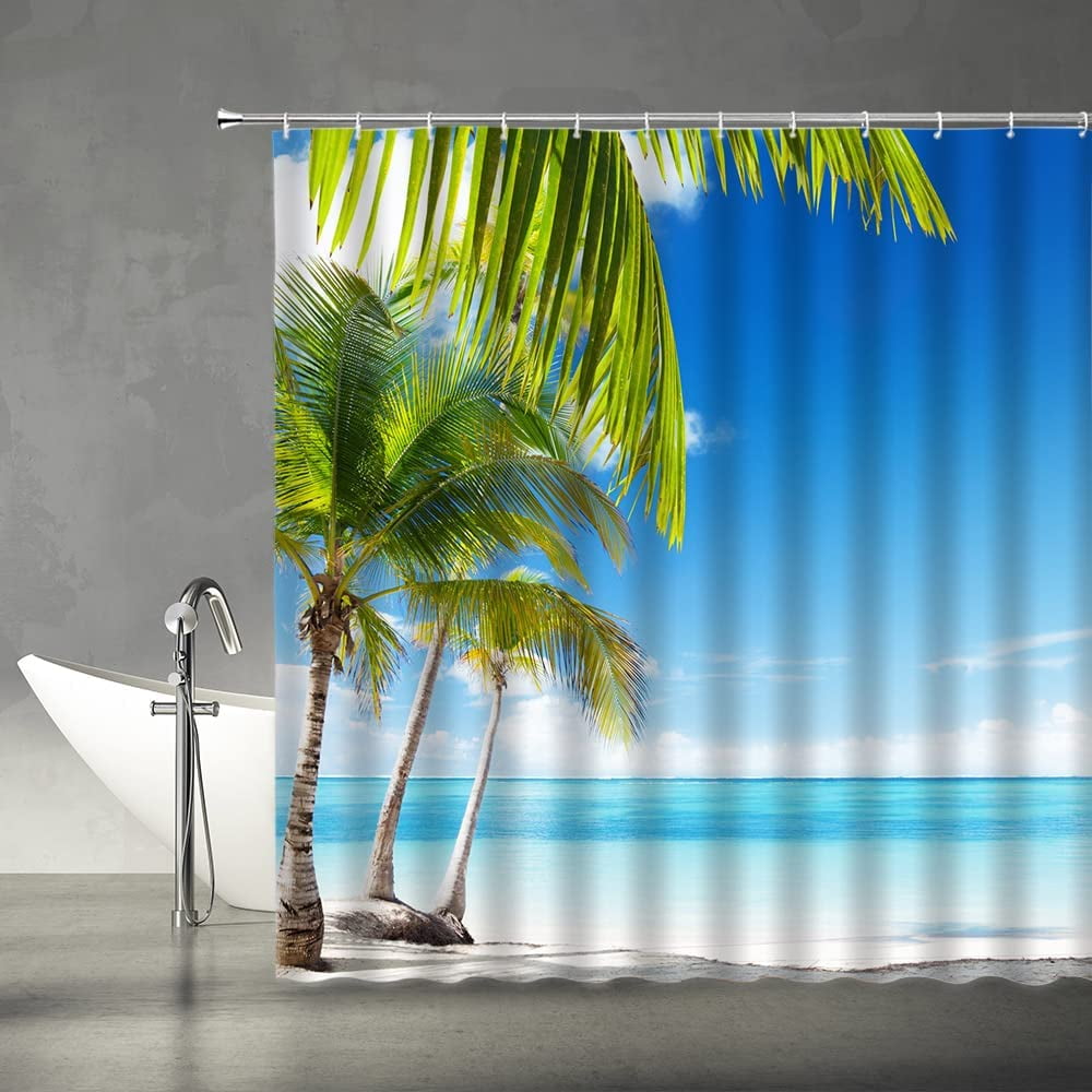 Beach Scene Shower Curtains Tropical Ocean View Palm Trees Hawaii