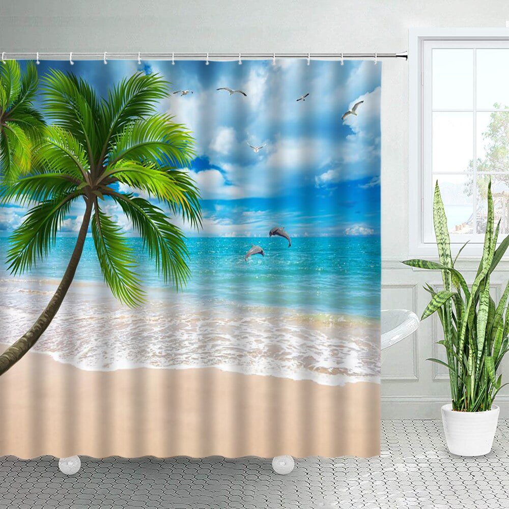 Beach Scene Shower Curtains Tropical Ocean View Palm Trees Hawaii ...