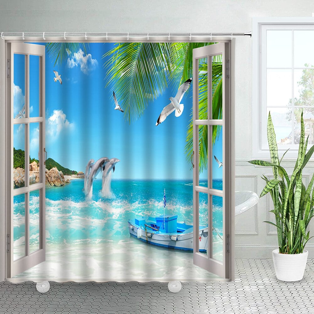 Beach Scene Shower Curtains Tropical Summer Seaside Scenery Window