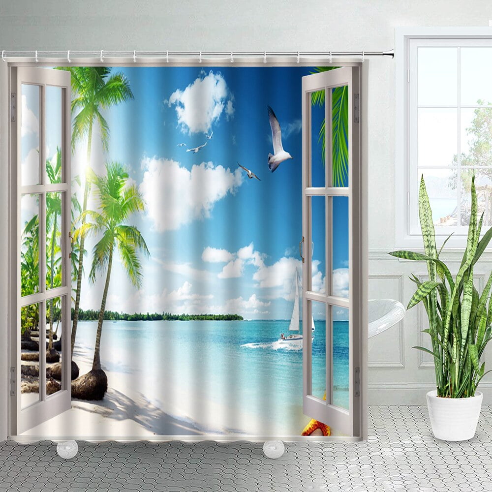 Beach Scene Shower Curtains Tropical Summer Seaside Scenery Window