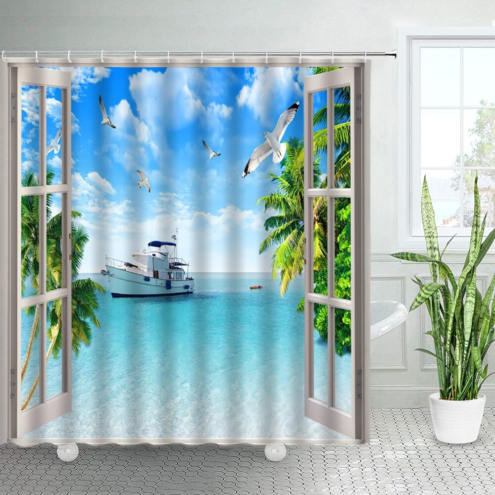 Beach Scene Shower Curtains Tropical Summer Seaside Scenery Window