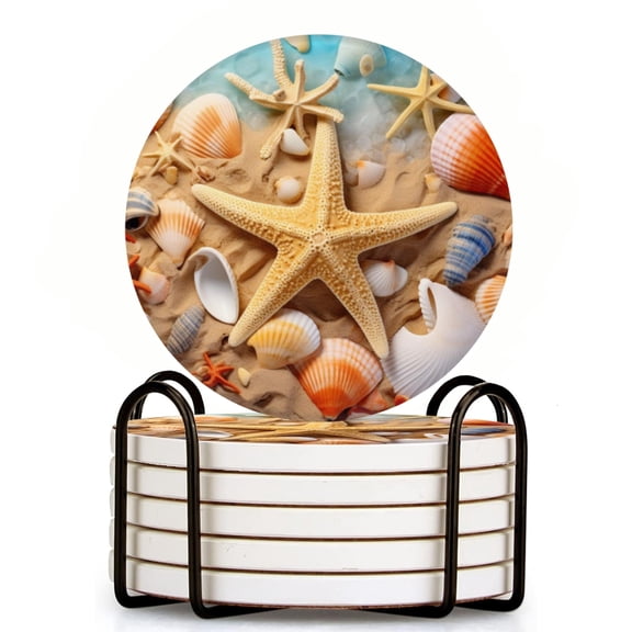 Beach Scene With Starfish And Seashells Set of 6 Ceramic Coasters with Holder, Absorbent Drink Bar Coasters, Table Coasters for Living Room Decor Tabletop Protection