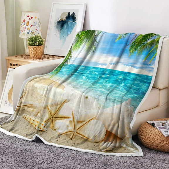 Beach Scene Throw Blanket, Summer Seaside Palm Tree Throw Flannel Blankets, Ocean Scene Conch Seashell Starfish Throw Blanket, Blue Sky Tropical Ocean Blanket 50" x 60", Super Soft & Warm Blankets