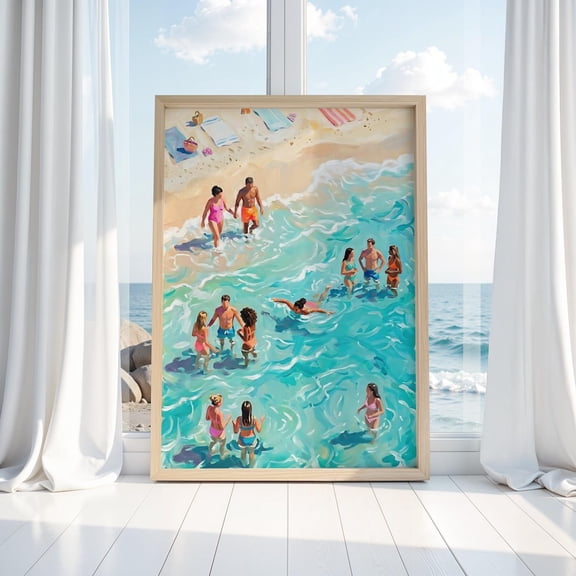 Beach Scene Tiny People Swimming Coastal Art Portrait Decor Unframed Paper Print