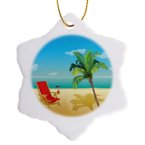 3drose, Beach Scene with a Beach Chair and Palm Tree, 3 inch Snowflake Porcelain Ornament