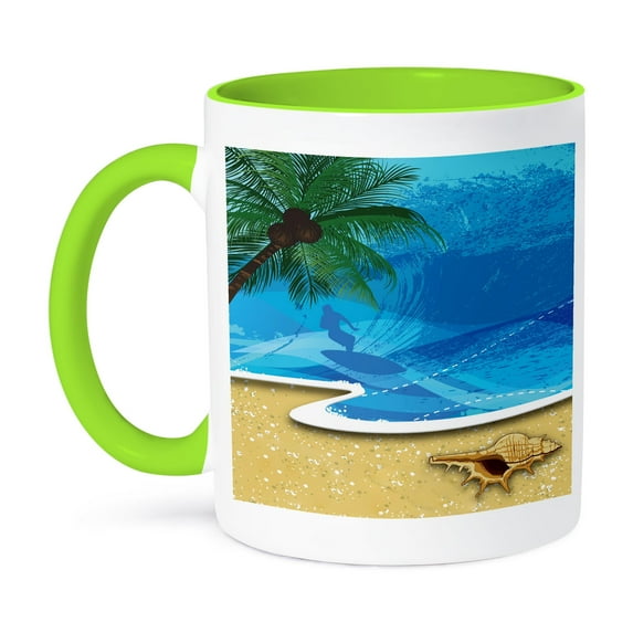 3dRose, Beach Scene with A Palm Tree, Sea Shell and Surfer, 11oz Two-Tone Green Mug