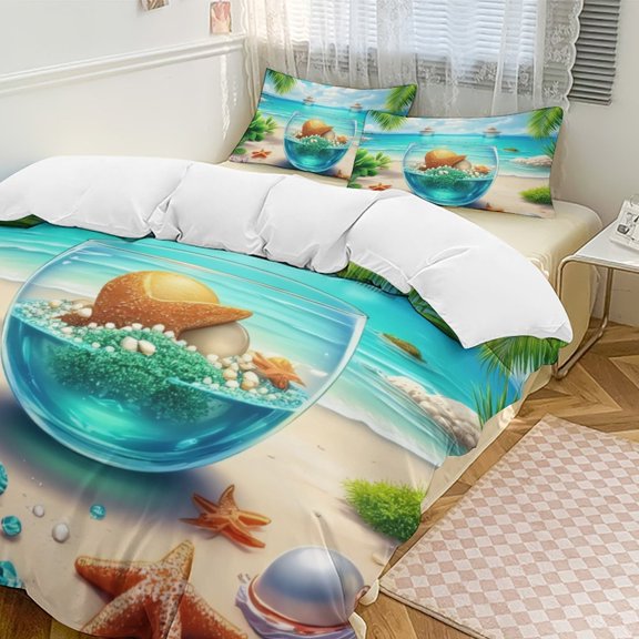 Beach Scene with Seashells And Gems Bedding Set Couple Bedclothes Pillowcase Customized Home Textiles Bed Set for Bedroom Decoration