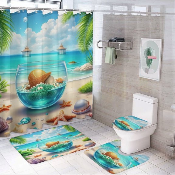 Beach Scene with Seashells And Gems Shower Curtain Waterproof Bathroom Curtain Set with Hooks Home Decor Bathroom Curtains 4pcs