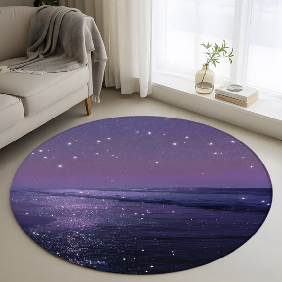 Beach Scenery 3' Round Rug for Bathroom Accent Bedside Corner, Dreamy Dark Purple Glitter Sand Sunset Beach Washable Non Slip Circle Area Rug for Small Spaces