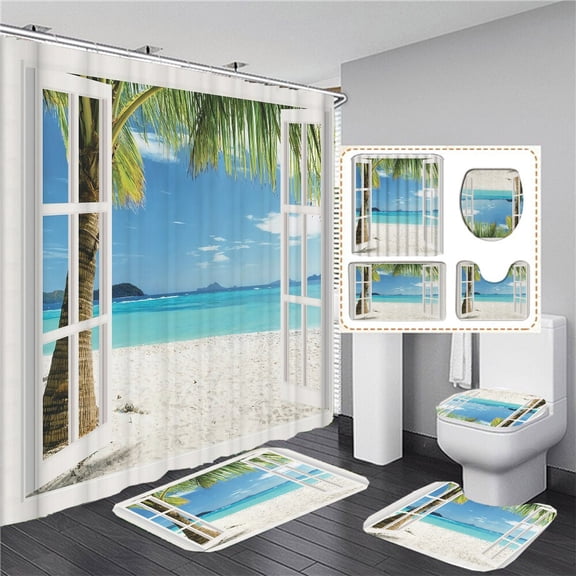 Beach Scenery Bath Curtain Ocean Surfing Surfboard Printed Shower Curtain Polyester Waterproof Bath Screen For Gift with Hooks