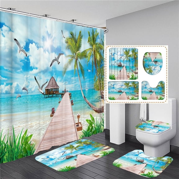Beach Scenery Bath Curtain Ocean Surfing Surfboard Printed Shower Curtain Polyester Waterproof Bath Screen For Gift with Hooks