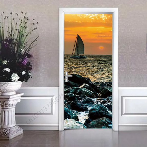 Secenery Sticker Background Beach Scenery Big Door Stickers Sunset Blue Sky Self-adhesive Cover ...
