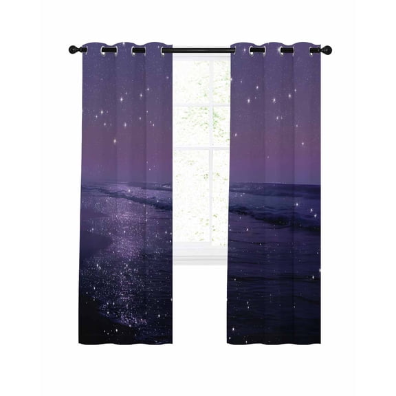 Beach Scenery Blackout Curtains for Bedroom Living Room, Dreamy Dark Purple Glitter Sand Sunset Beach 96 In Long Thermal Insulated Room Darkening Drapes Grommet Window Treatments, 52 x 96 In
