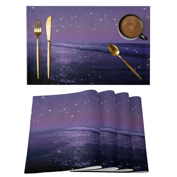 Beach Scenery Cotton Linen Placemats Set of 1, Dreamy Dark Purple Glitter Sand Sunset Beach Washable Table Place Mats Heat Insulating Placemat for Dining Room Kitchen Daily Use 13 x 19 Inch