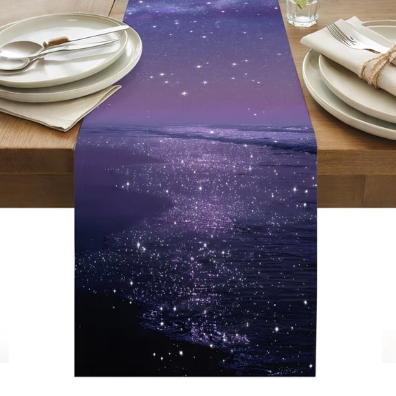 Beach Scenery Cotton Linen Table Runner Dreamy Dark Purple Glitter Sand Sunset Beach Dining Table Runners for Home Decor Party Dining Room Restaurant Kitchen Party 13" x 36"