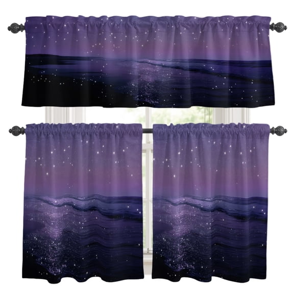 Beach Scenery Kitchen Curtains Set for Windows, Dreamy Dark Purple Glitter Sand Sunset Beach Curtains Valance and Tier 3 Piece Set Small Drapes 24 Inch Length for Kitchen Bedroom Decor