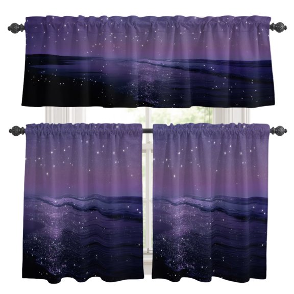 Beach Scenery Kitchen Curtains Set for Windows, Dreamy Dark Purple Glitter Sand Sunset Beach Curtains Valance and Tier 3 Piece Set Small Drapes 36 Inch Length for Kitchen Bedroom Decor