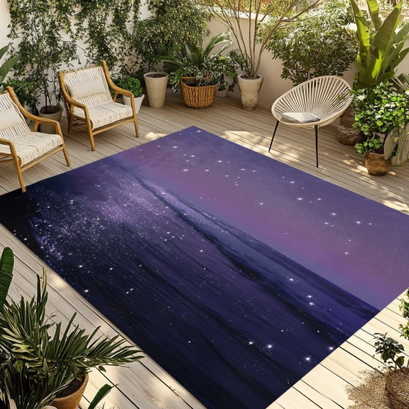 Beach Scenery Outdoor Rug 3x5 ft Dreamy Dark Purple Glitter Sand Sunset Beach Non Slip Patio Rug Washable Absorbent Large Outdoor Carpet Outside Mat for Porch RV Garden Camping